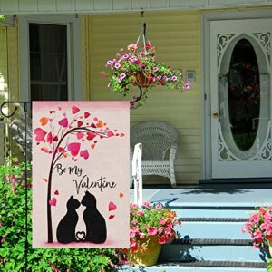 Happy Valentine's Day Garden Flag 12x18 Double Sided Vertical, Burlap Small Be My Valentines Black Cat Couple Heart Yard Flag Banner Sign for Wedding Valentines House Outdoor Decoration (ONLY FLAG)