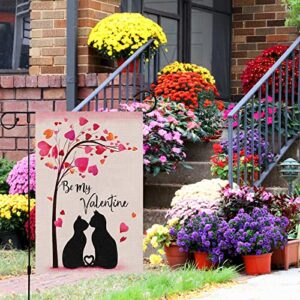 Happy Valentine's Day Garden Flag 12x18 Double Sided Vertical, Burlap Small Be My Valentines Black Cat Couple Heart Yard Flag Banner Sign for Wedding Valentines House Outdoor Decoration (ONLY FLAG)