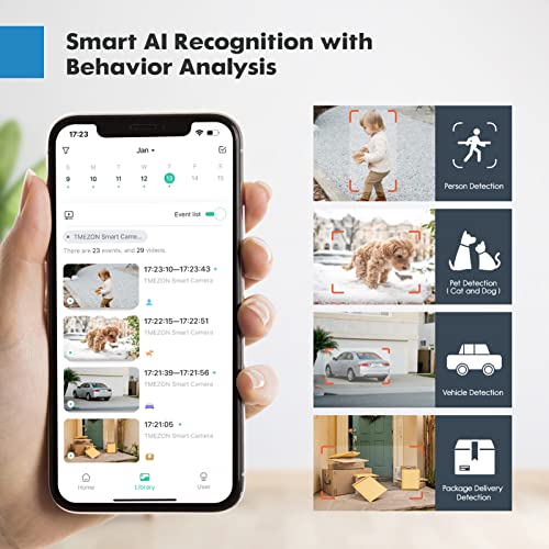 TMEZON Wireless Security Camera Outdoor WiFi Battery Rechargeable Powered 2K Camera for Home Surveillance Night Vision with AI Motion Detection, 2 Way Audio, Waterproof, SD/Cloud