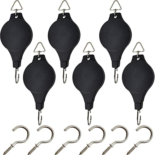 TIHOOD 6PCS Plant Pulley Hanger with 6 PCS Metal Ceiling Plant Hooks, Retractable Plant Hook Pulley, Adjustable Heavy Duty Plant Hanging Pulleys for Garden Baskets & Bird Feeder