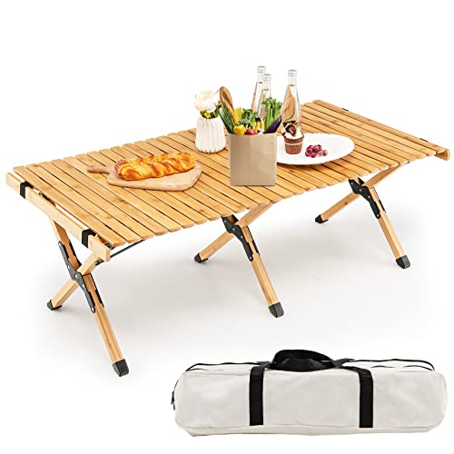 Giantex Folding Picnic Table, Wooden Roll-up Bamboo Tabletop, Portable Camping Table w/Carry Bag, Indoor Outdoor Table for Patio Garden Beach Yard, Easy Assembly (Natural)