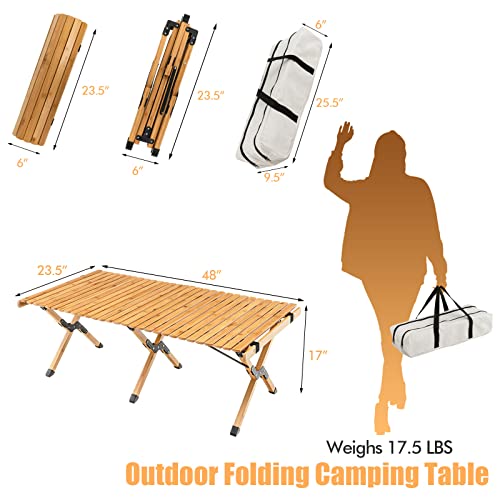 Giantex Folding Picnic Table, Wooden Roll-up Bamboo Tabletop, Portable Camping Table w/Carry Bag, Indoor Outdoor Table for Patio Garden Beach Yard, Easy Assembly (Natural)