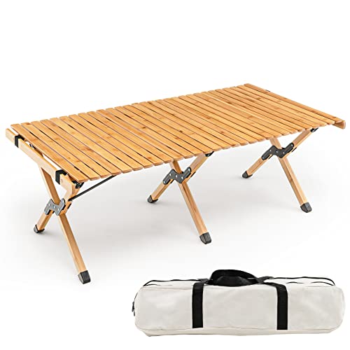 Giantex Folding Picnic Table, Wooden Roll-up Bamboo Tabletop, Portable Camping Table w/Carry Bag, Indoor Outdoor Table for Patio Garden Beach Yard, Easy Assembly (Natural)