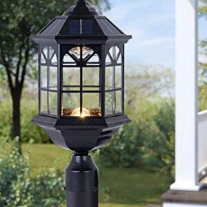 GYDZ Solar Post Light Fixture Outdoor Solar Pier Light, Solar Lamp Post Light for Garden, Patio, Vintage Design Die Cast Aluminum Post Light in Oil-Rubbed Black with Clear Glass, Hard Wired Available