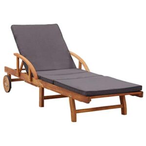 folding sun lounger with gray cushion | foldable chaise lounge with wheels | adjustable outside patio sunlounger | outdoor wooden garden lounge chair | weather resistant brown solid acacia wood
