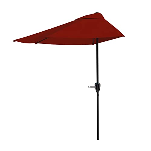 Pure Garden 9-Foot Half Patio Umbrella – Easy Crank Semicircle Opening Shade Canopy – For Against a Wall, Porch, or Balcony Furniture (Red)