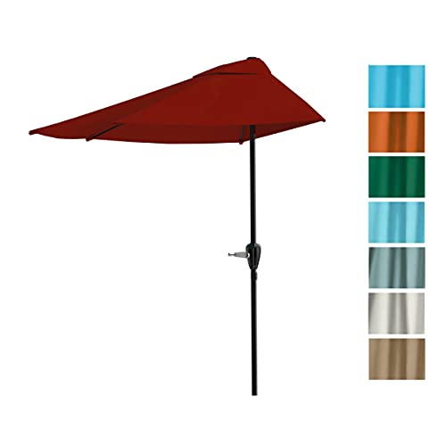 Pure Garden 9-Foot Half Patio Umbrella – Easy Crank Semicircle Opening Shade Canopy – For Against a Wall, Porch, or Balcony Furniture (Red)