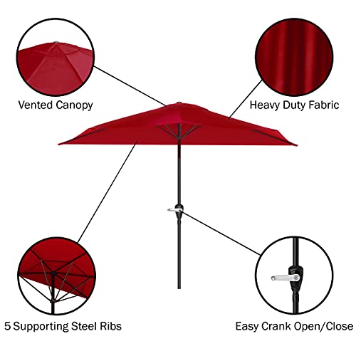 Pure Garden 9-Foot Half Patio Umbrella – Easy Crank Semicircle Opening Shade Canopy – For Against a Wall, Porch, or Balcony Furniture (Red)