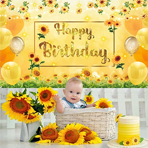 Sunflower Happy Birthday Decorations Banner, Sunflower Birthday Banner, Large Yellow Sunflower Birthday Banner Photo Background Backdrop for Women Men Boys Girls Birthday Baby Shower