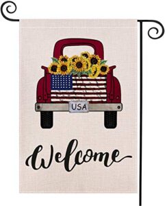 lhsion welcome red truck garden flag 12.5 x 18 inch sunflowers decorative double sided burlap flag for summer fall decoration