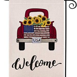LHSION Welcome Red Truck Garden Flag 12.5 x 18 Inch Sunflowers Decorative Double Sided Burlap Flag for Summer Fall Decoration