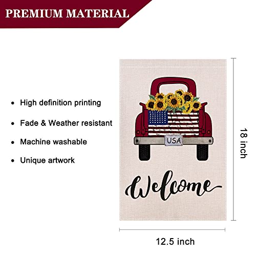 LHSION Welcome Red Truck Garden Flag 12.5 x 18 Inch Sunflowers Decorative Double Sided Burlap Flag for Summer Fall Decoration