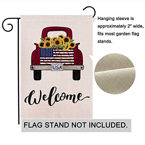 LHSION Welcome Red Truck Garden Flag 12.5 x 18 Inch Sunflowers Decorative Double Sided Burlap Flag for Summer Fall Decoration