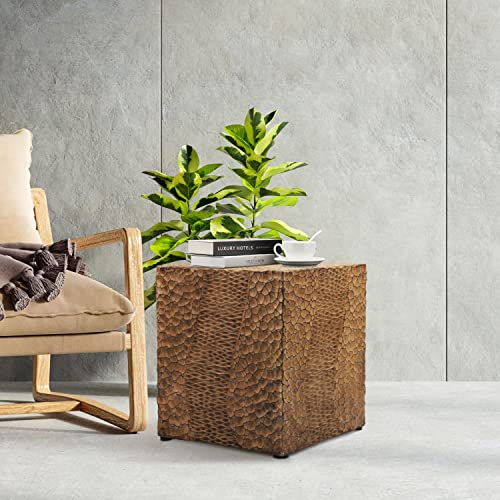 kevinplus H17'' Outdoor & Indoor Side Table End Table, Square Faux Wood Stump Stool, Modern Decorative Garden Stool Patio End Table Plant Stand Table, Antique Yellow