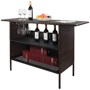 albomi large 3-in-1 outdoor rattan bar table with 2 sets of rails & 2 storage shelves, heavy-duty 54” bar counter table for outside backyard poolside garden, brown