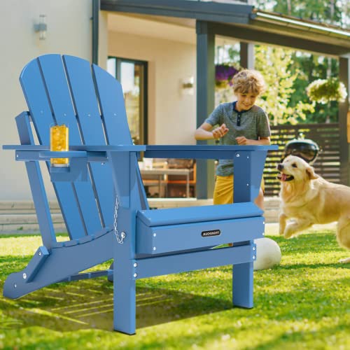 MUCHENGHY Folding Adirondack Chairs, Patio Chairs, Lawn Chairs, Outdoor Chairs, Adirondack Chair Plastic, Fire Pit Chairs, Weather Resistant with Cup Holder for Deck, Backyard, Garden(Navy Blue)