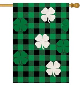 fukeen st patricks day green black buffalo plaids house flag 28×40 inch ireland lucky clover shamrock blessed spring farmhouse holiday decorations small yard flags garden double sided outside