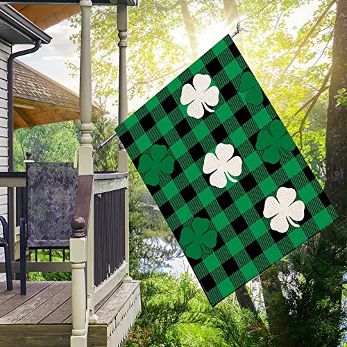 Fukeen St Patricks Day Green Black Buffalo Plaids House Flag 28x40 Inch Ireland Lucky Clover Shamrock Blessed Spring Farmhouse Holiday Decorations Small Yard Flags Garden Double Sided Outside