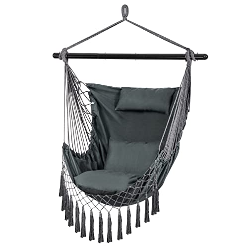 Hammock Chair Swing, Hanging Rope Swing with 3 Cushions Pillow and Side Pocket, Max 400 lbs, Large Macrame Hanging Chair for Indoor, Outdoor, Bedroom,Garden, Patio, Porch, Yard