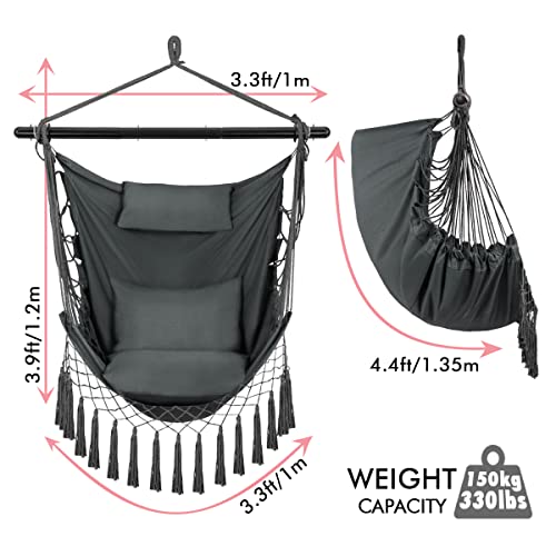 Hammock Chair Swing, Hanging Rope Swing with 3 Cushions Pillow and Side Pocket, Max 400 lbs, Large Macrame Hanging Chair for Indoor, Outdoor, Bedroom,Garden, Patio, Porch, Yard