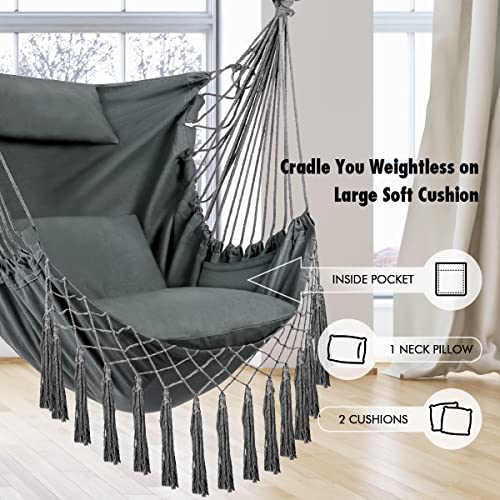 Hammock Chair Swing, Hanging Rope Swing with 3 Cushions Pillow and Side Pocket, Max 400 lbs, Large Macrame Hanging Chair for Indoor, Outdoor, Bedroom,Garden, Patio, Porch, Yard