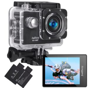 jadfezy action camera fhd 1080p 12mp, 98ft/30m underwater waterproof camera with 2 batteries, wide angle sports camera with accessories kit suitable for helmet, bicycle, etc. (fhd 1080p)