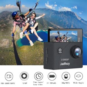 Jadfezy Action Camera FHD 1080P 12MP, 98FT/30M Underwater Waterproof Camera with 2 Batteries, Wide Angle Sports Camera with Accessories Kit Suitable for Helmet, Bicycle, etc. (FHD 1080P)