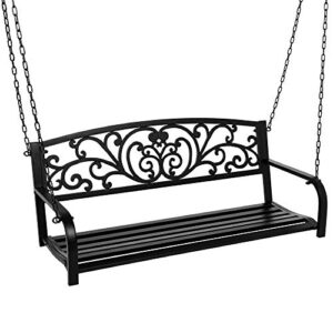 best choice products 2-person metal outdoor porch swing, hanging steel patio bench for garden deck w/floral accent, 485lb weight capacity – black