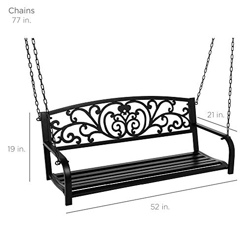 Best Choice Products 2-Person Metal Outdoor Porch Swing, Hanging Steel Patio Bench for Garden Deck w/Floral Accent, 485lb Weight Capacity - Black