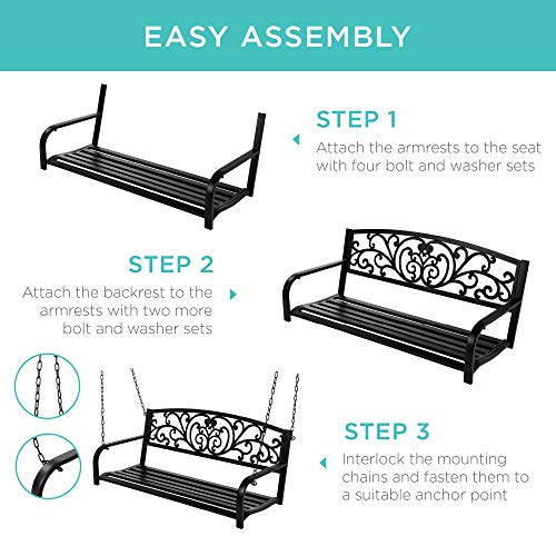 Best Choice Products 2-Person Metal Outdoor Porch Swing, Hanging Steel Patio Bench for Garden Deck w/Floral Accent, 485lb Weight Capacity - Black