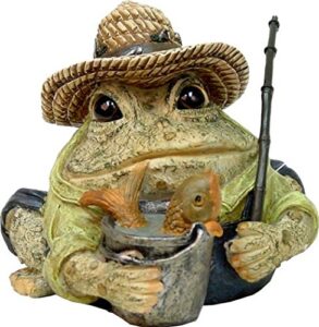 homestyles toad hollow #94014 figurine angler fisherman with fish in pail, fishing pole, hat with lures sports character garden statue large 8.5″ h toad figure natural brown
