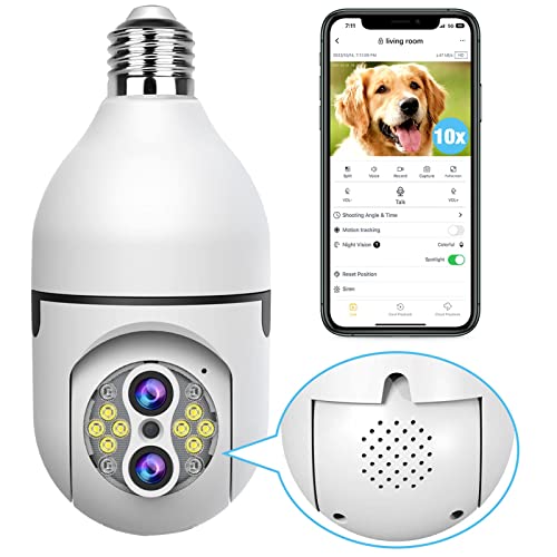 EYETOO Wireless WiFi Light Bulb Security Camera Outdoor, 10x Zoom 360 Degree PTZ Panoramic Light Socket Security Camera for Home with FHD 1080P Color Night Vision, Auto Tracking, Two-Way Talk, Alerts