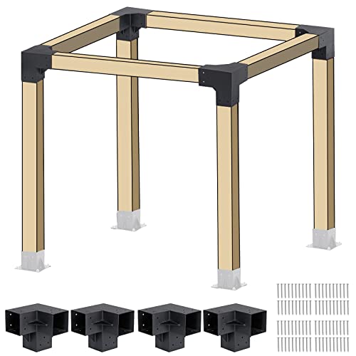 Neorexon Pergola Kit Elevated Wood Stand Kit Woodwork for 4"x 4" (Actual 3.6 X 3.6 inch), Solid Stainless Steel 304 Wooden Gazebo Kit for Outdoor 3 Way Right Angle Corner Bracket with Screws