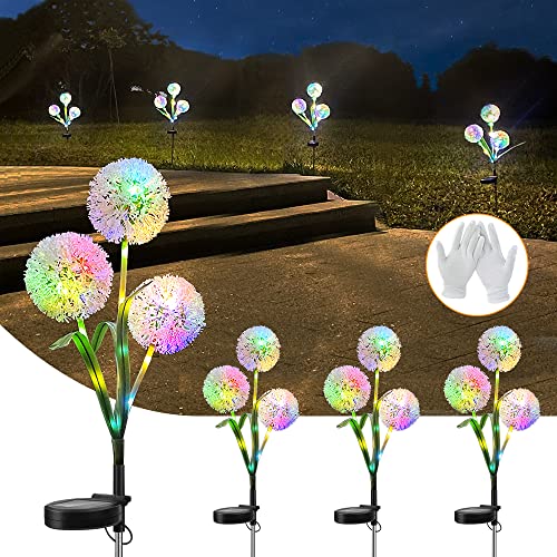 HIXVITA Solar Garden Lights Outdoor Waterproof, 4 Pack Solar Pathway Lights Multicolor, Dandelions Solar Flowers Lights for Patio Yard Flowerbed Pathway Lawn Decoration (2 Working Modes)