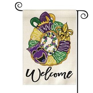 avoin colorlife mardi gras donut garden flag 12×18 inch double sided, mask fleur de lis welcome new orleans carnival yard outdoor decoration