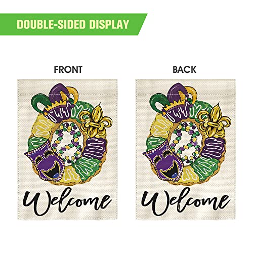 AVOIN colorlife Mardi Gras Donut Garden Flag 12x18 Inch Double Sided, Mask Fleur de Lis Welcome New Orleans Carnival Yard Outdoor Decoration