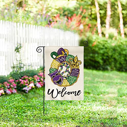 AVOIN colorlife Mardi Gras Donut Garden Flag 12x18 Inch Double Sided, Mask Fleur de Lis Welcome New Orleans Carnival Yard Outdoor Decoration