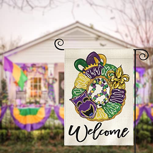 AVOIN colorlife Mardi Gras Donut Garden Flag 12x18 Inch Double Sided, Mask Fleur de Lis Welcome New Orleans Carnival Yard Outdoor Decoration