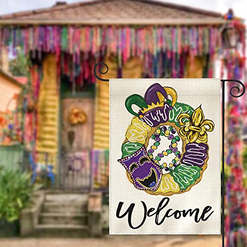 AVOIN colorlife Mardi Gras Donut Garden Flag 12x18 Inch Double Sided, Mask Fleur de Lis Welcome New Orleans Carnival Yard Outdoor Decoration