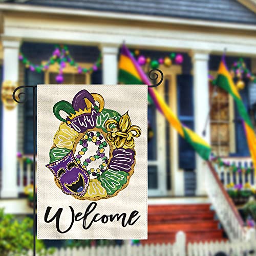 AVOIN colorlife Mardi Gras Donut Garden Flag 12x18 Inch Double Sided, Mask Fleur de Lis Welcome New Orleans Carnival Yard Outdoor Decoration