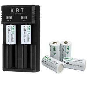 kbt rechargeable 123a battery charger:2 slot smart charger with 4pack 750mah lithium battery for arlo camera vmc3030 vmk3200 vms3230/3330/3430/3530 & flashlight & headlamp