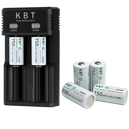 KBT Rechargeable 123A Battery Charger:2 Slot Smart Charger with 4pack 750mAh Lithium Battery for Arlo Camera VMC3030 VMK3200 VMS3230/3330/3430/3530 & Flashlight & Headlamp