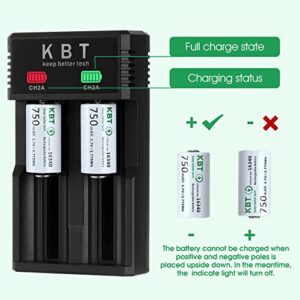 KBT Rechargeable 123A Battery Charger:2 Slot Smart Charger with 4pack 750mAh Lithium Battery for Arlo Camera VMC3030 VMK3200 VMS3230/3330/3430/3530 & Flashlight & Headlamp