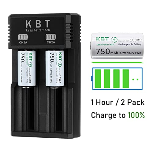 KBT Rechargeable 123A Battery Charger:2 Slot Smart Charger with 4pack 750mAh Lithium Battery for Arlo Camera VMC3030 VMK3200 VMS3230/3330/3430/3530 & Flashlight & Headlamp