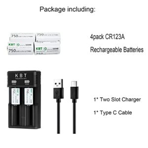 KBT Rechargeable 123A Battery Charger:2 Slot Smart Charger with 4pack 750mAh Lithium Battery for Arlo Camera VMC3030 VMK3200 VMS3230/3330/3430/3530 & Flashlight & Headlamp