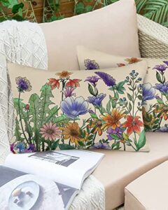 flower watercolor outdoor throw pillow covers cases for patio furniture set of 2, vintage lavender plants waterproof decorative lumbar pillowcases for couch garden tent balcony, 12×20 inch