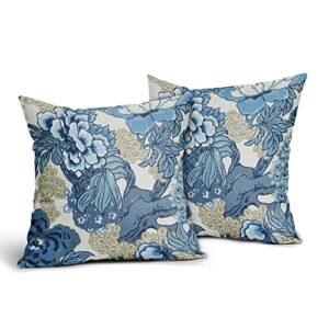 sweetshow outdoor chinoiserie pillow covers 2 packs 18×18 inch navy blue throw pillows linen vintage floral decorative cushion cover for patio furniture sofa bedroom indoor outdoor party