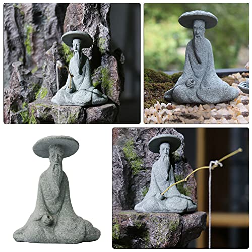 Hemoton Mini Fisherman Statue Fairy Garden Figurine Elder Statue Aquarium Exotic Environments Bonsai Pot Asian Decoration for Zen Garden Home Decor Grey