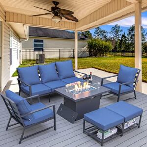 radiata 8 piece high back aluminum patio furniture with fire pit conversation set with 43″ propane fire pit table csa approved outdoor modern luxury sofa set (blue)