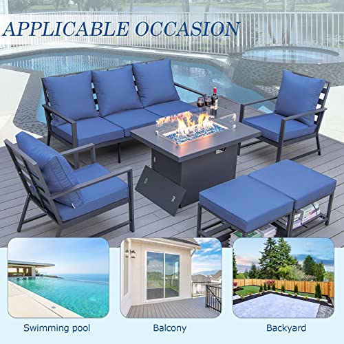RADIATA 8 Piece High Back Aluminum Patio Furniture with Fire Pit Conversation Set with 43" Propane Fire Pit Table CSA Approved Outdoor Modern Luxury Sofa Set (Blue)